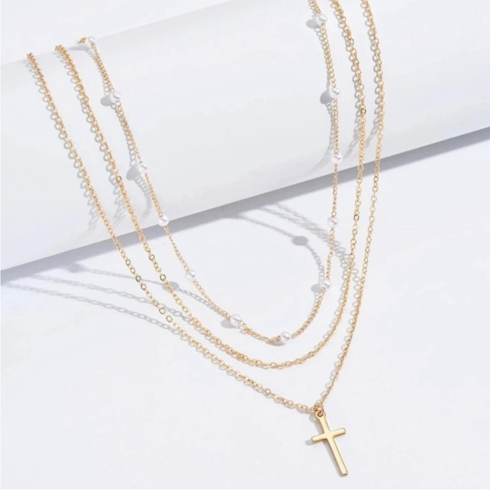 Gold Tone Layered Cross Necklace